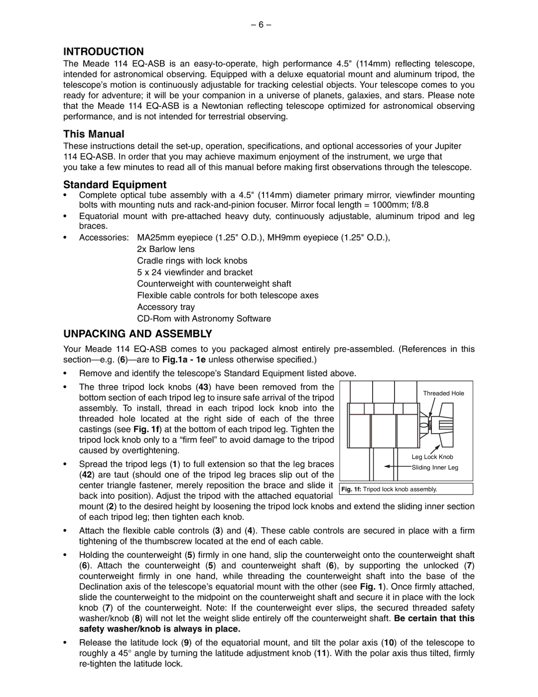 Meade 114 EQ-ASB instruction manual Introduction, This Manual, Standard Equipment, Unpacking and Assembly 