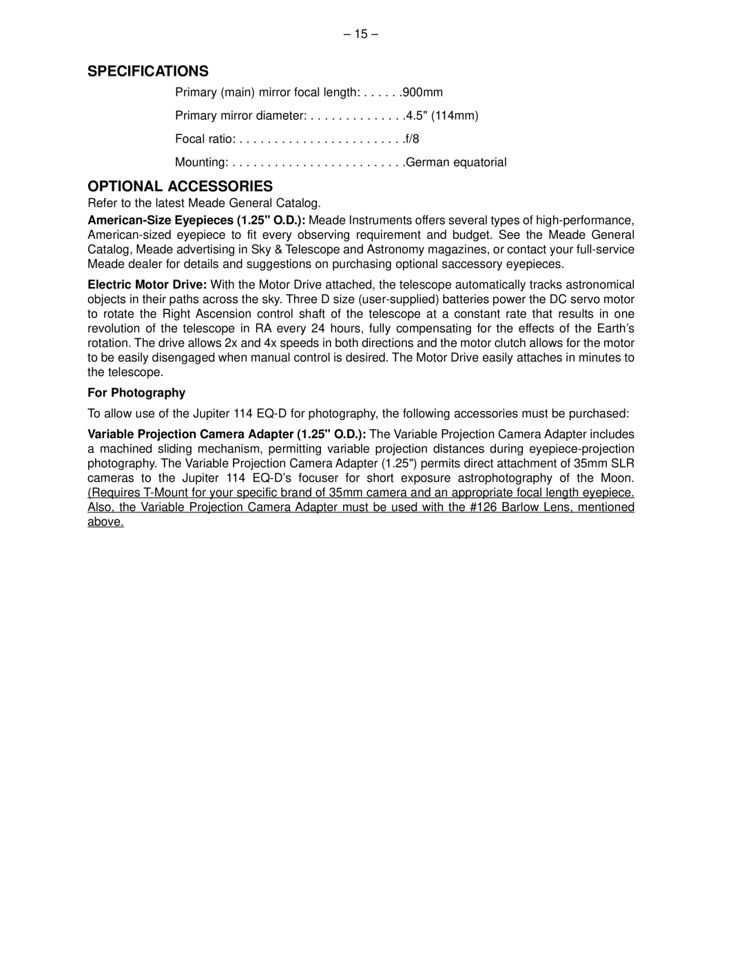 Meade 114 EQ-D instruction manual Specifications, Optional Accessories 