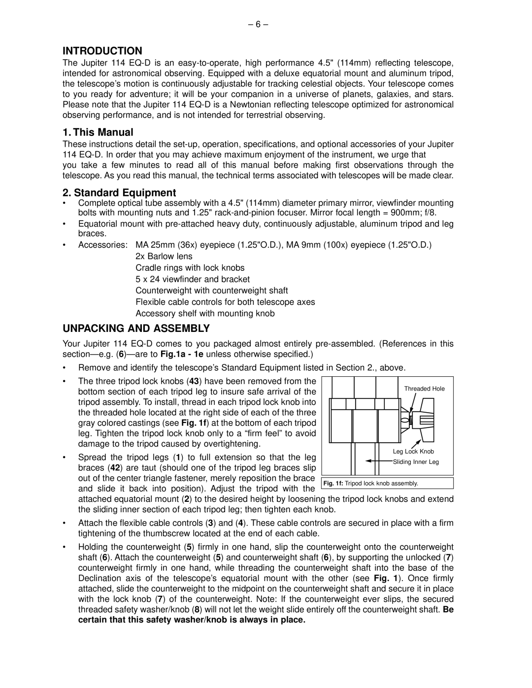 Meade 114 EQ-D instruction manual Introduction, This Manual, Standard Equipment, Unpacking and Assembly 