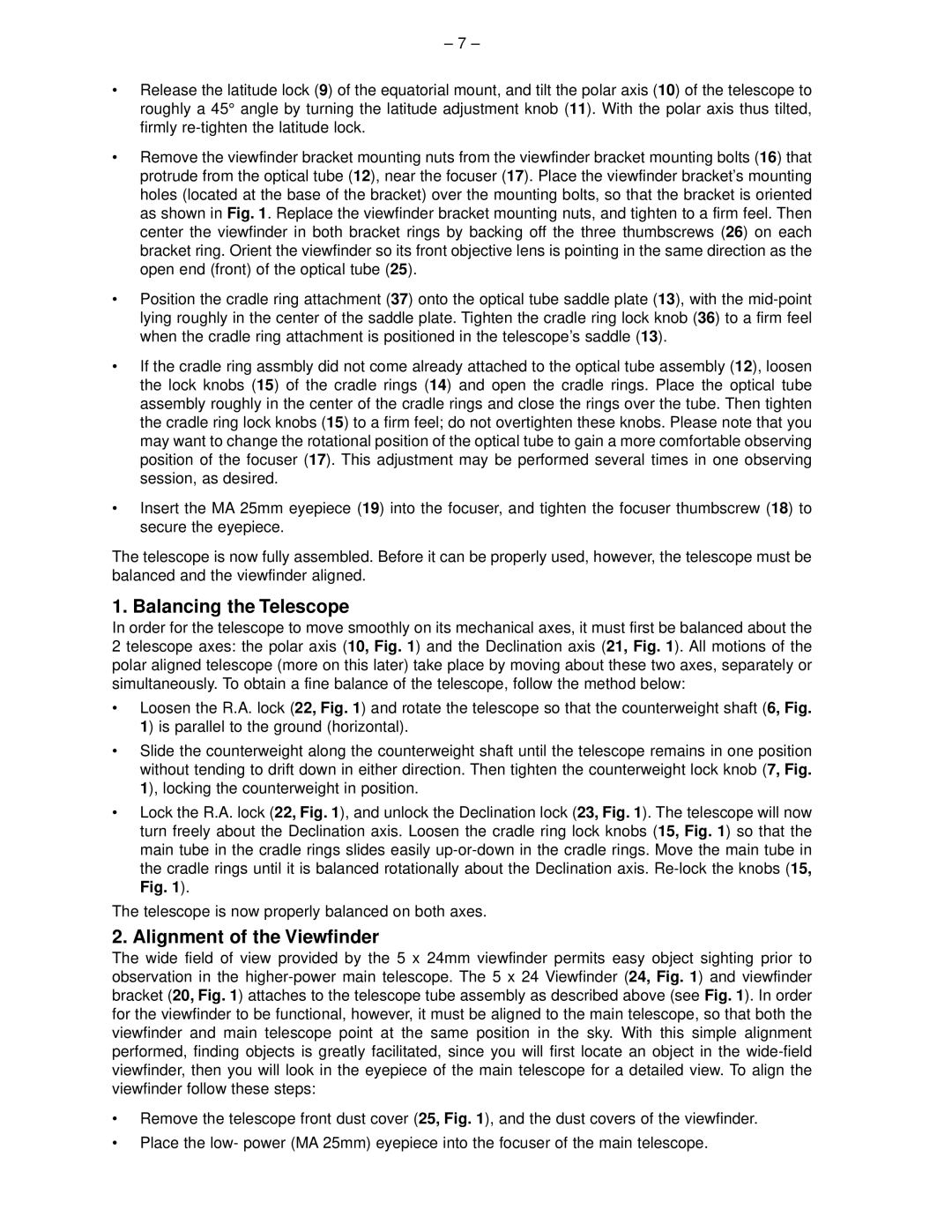 Meade 114 EQ-D instruction manual Balancing the Telescope, Alignment of the Viewfinder 