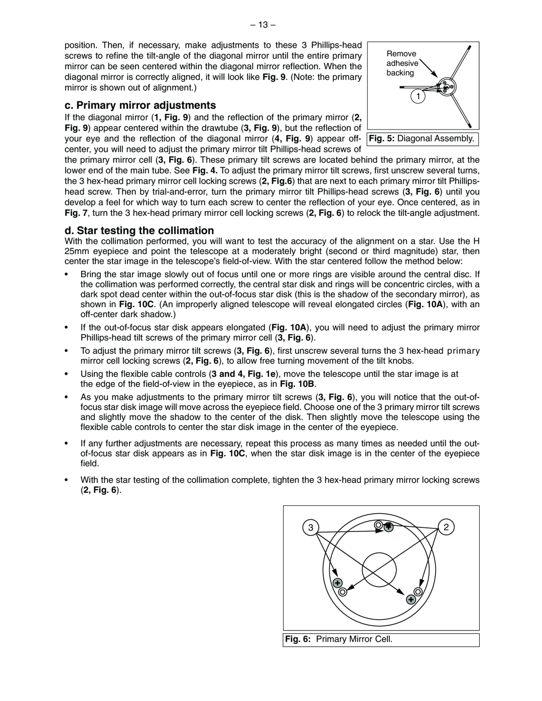 Meade 114 EQ-DS instruction manual c. Primary mirror adjustments, d. Star testing the collimation 
