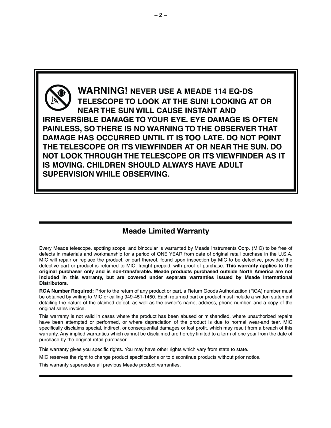 Meade instruction manual WARNING! NEVER USE A MEADE 114 EQ-DS, Meade Limited Warranty 