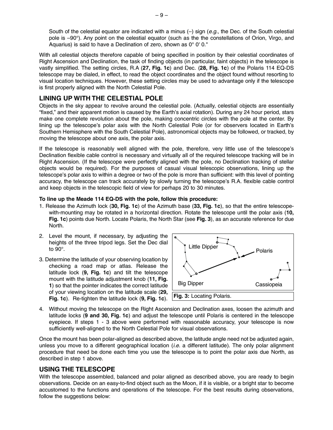 Meade 114 EQ-DS instruction manual Lining Up With The Celestial Pole, Using The Telescope 