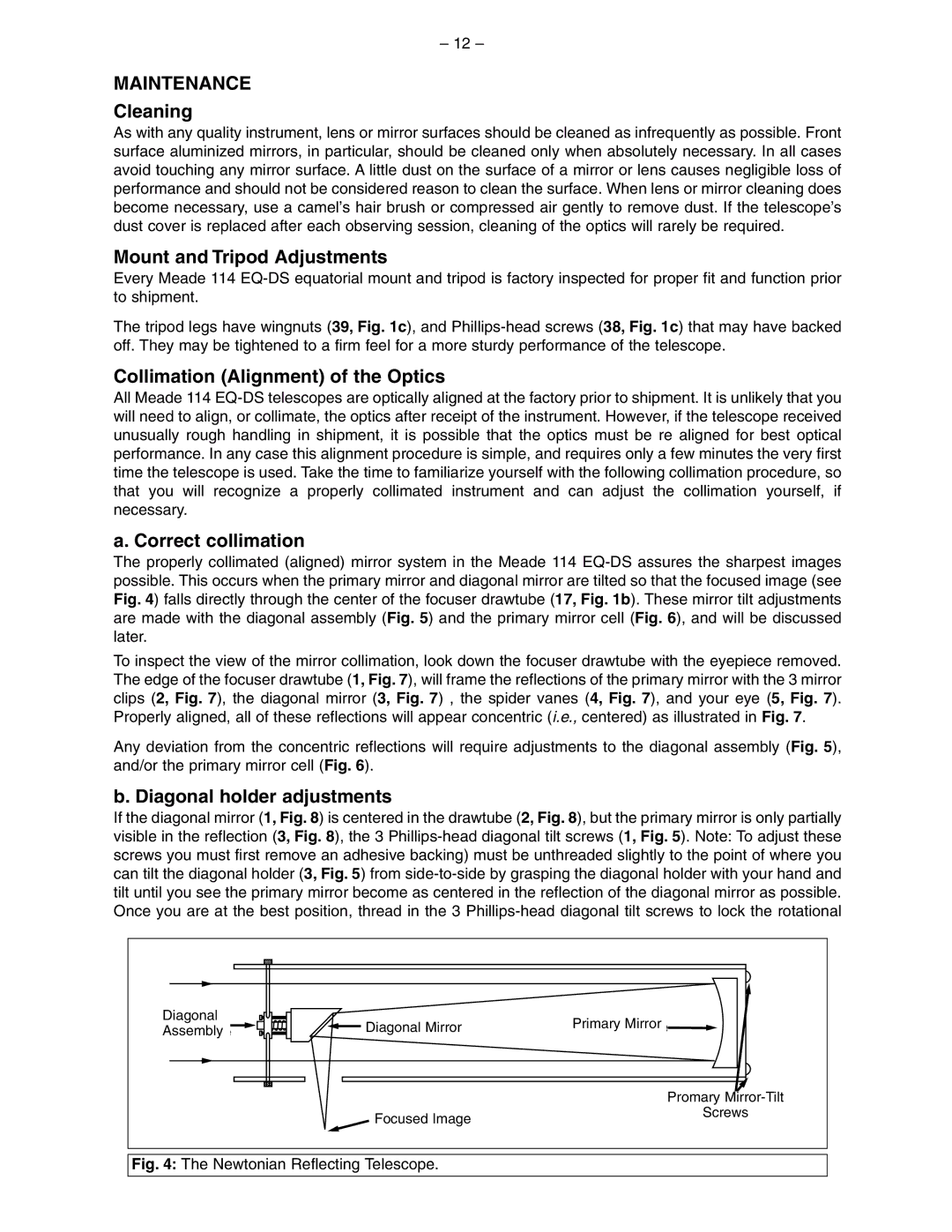 Meade 114 EQ-DS instruction manual Maintenance, Cleaning 