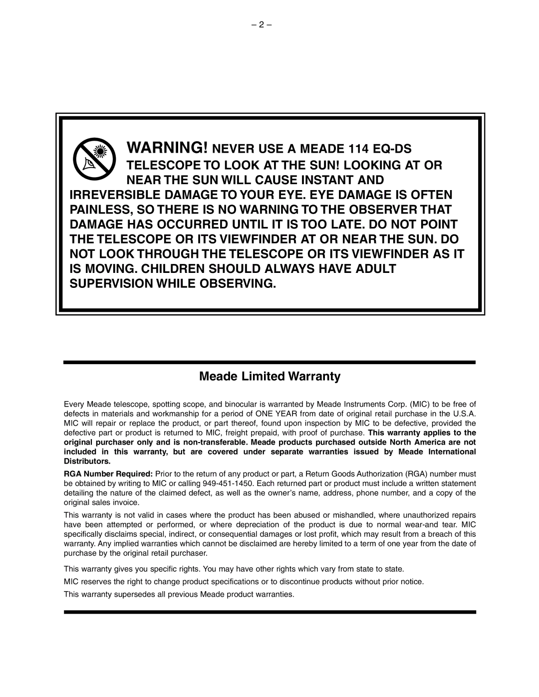 Meade 114 EQ-DS instruction manual Meade Limited Warranty 