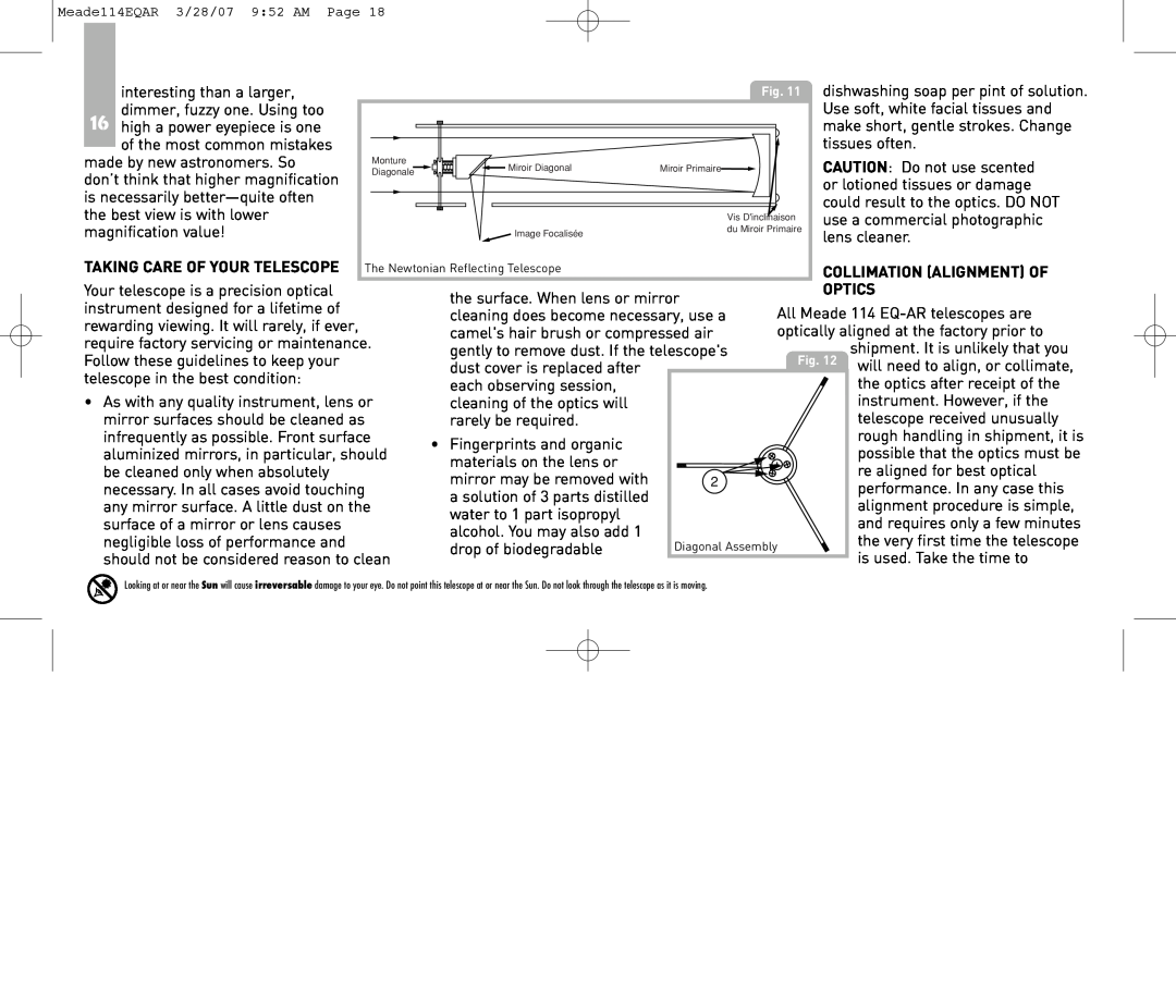 Meade 114EQ-AR instruction manual Taking Care Of Your Telescope, Collimation Alignment Of, Optics 
