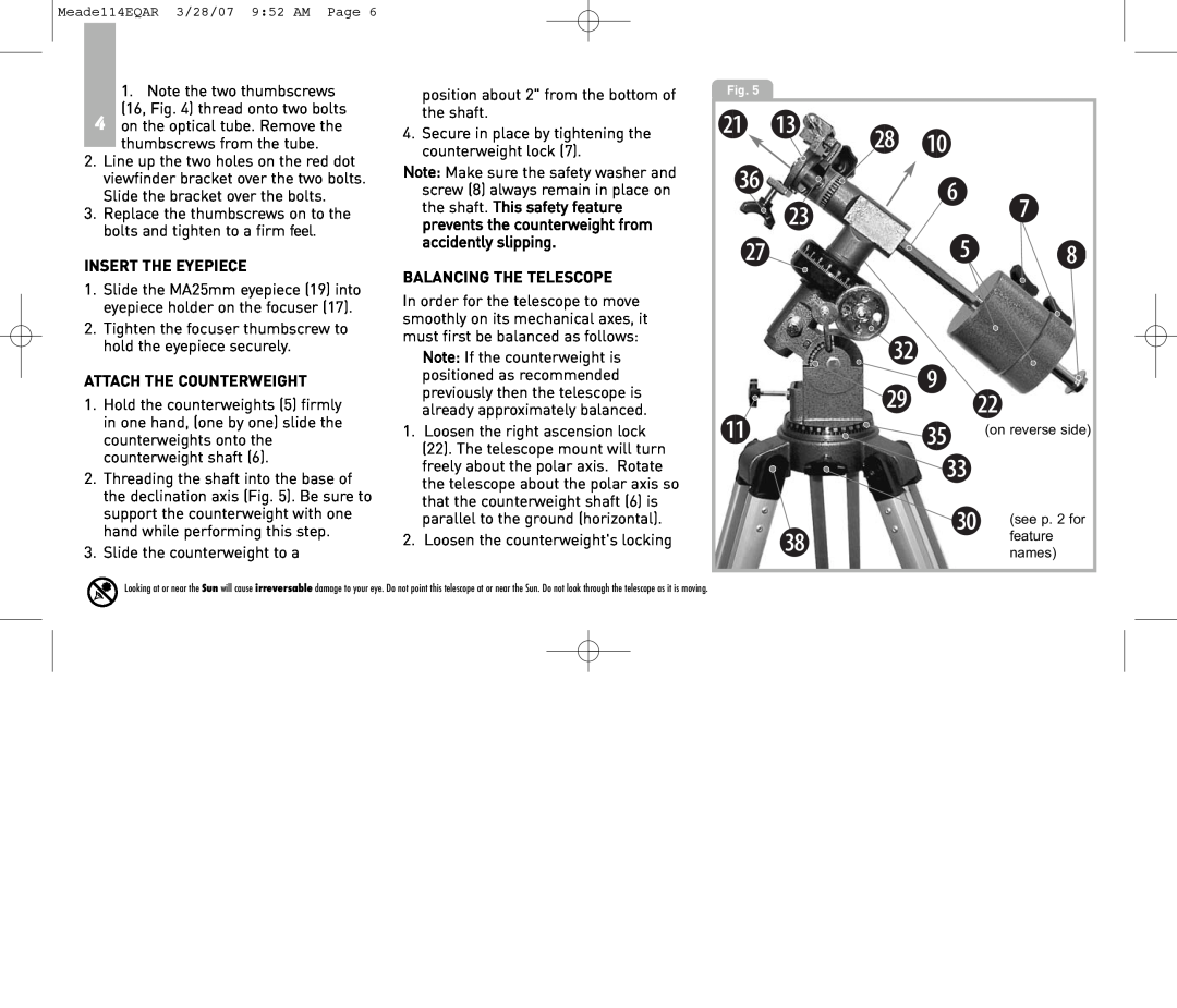 Meade 114EQ-AR instruction manual Insert The Eyepiece, Attach The Counterweight, Balancing The Telescope 