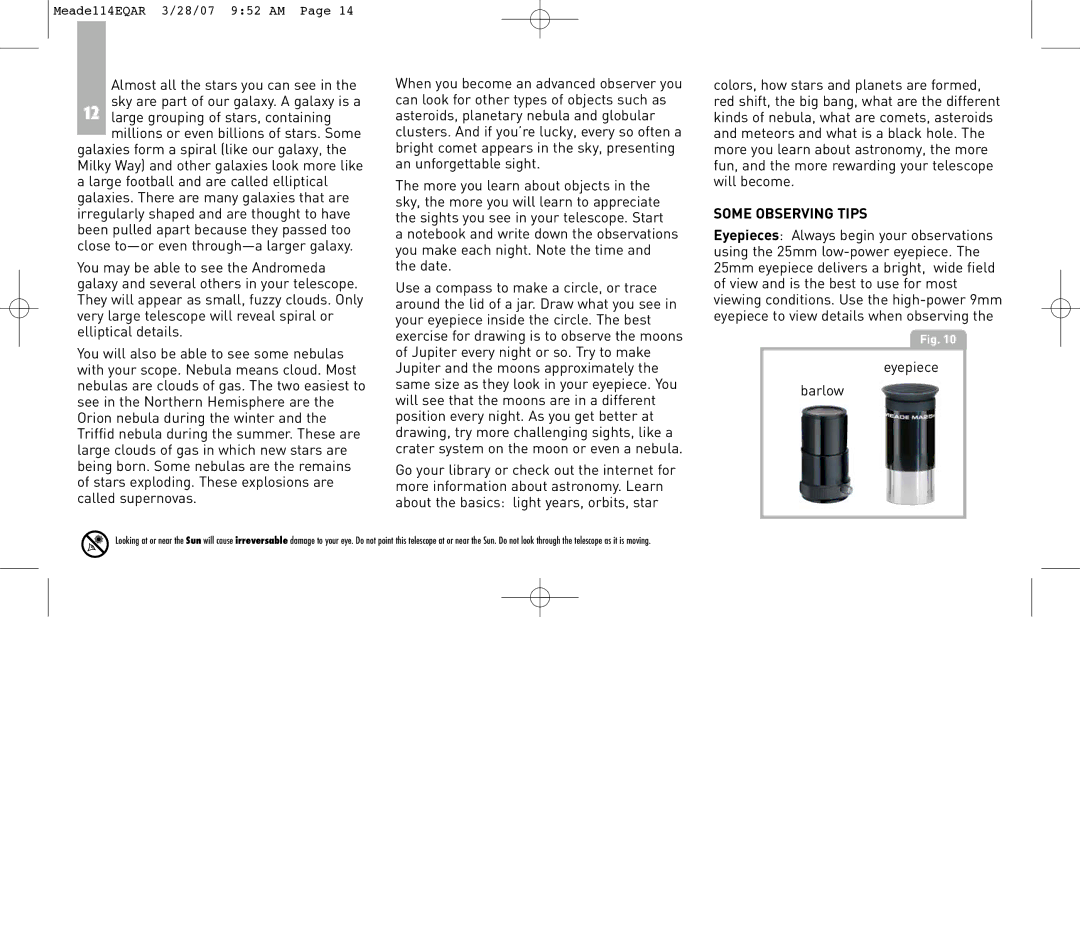 Meade 114EQ-AR instruction manual Some Observing Tips, Eyepiece Barlow 