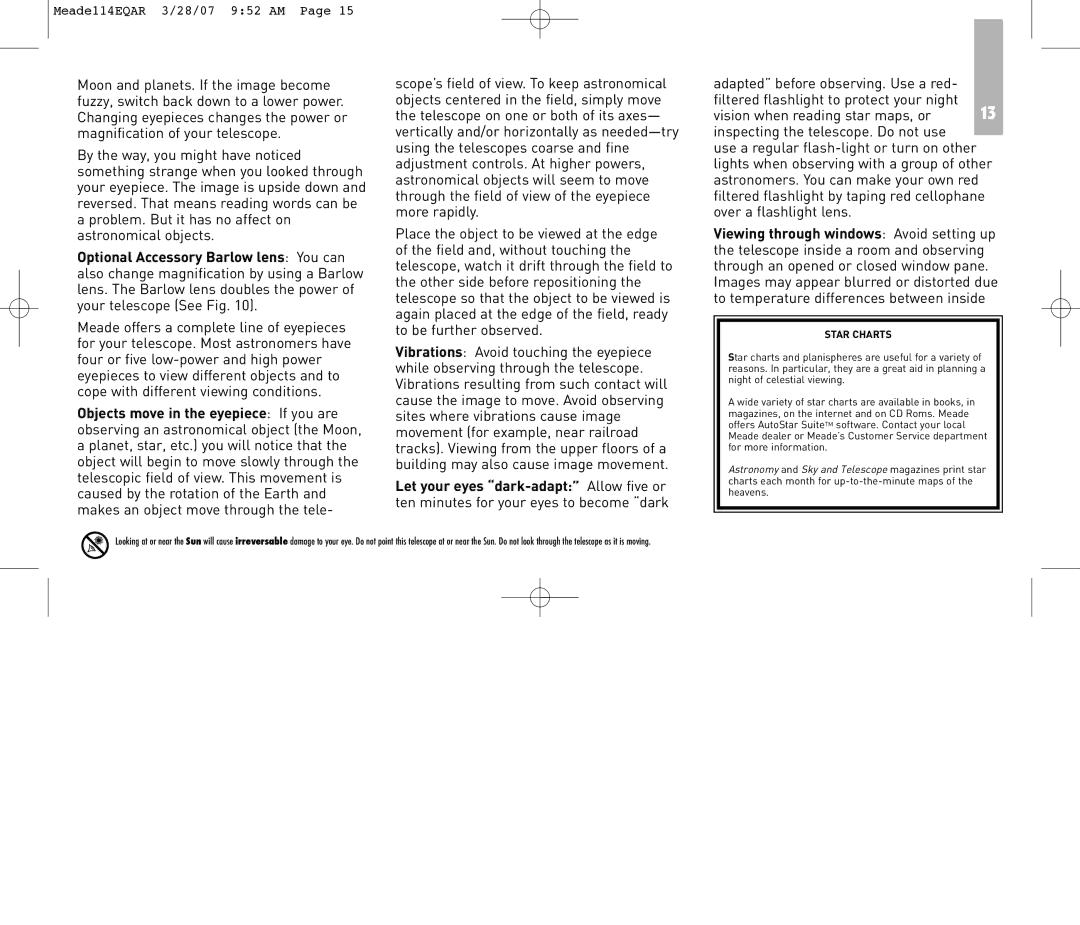 Meade 114EQ-AR instruction manual Star Charts 