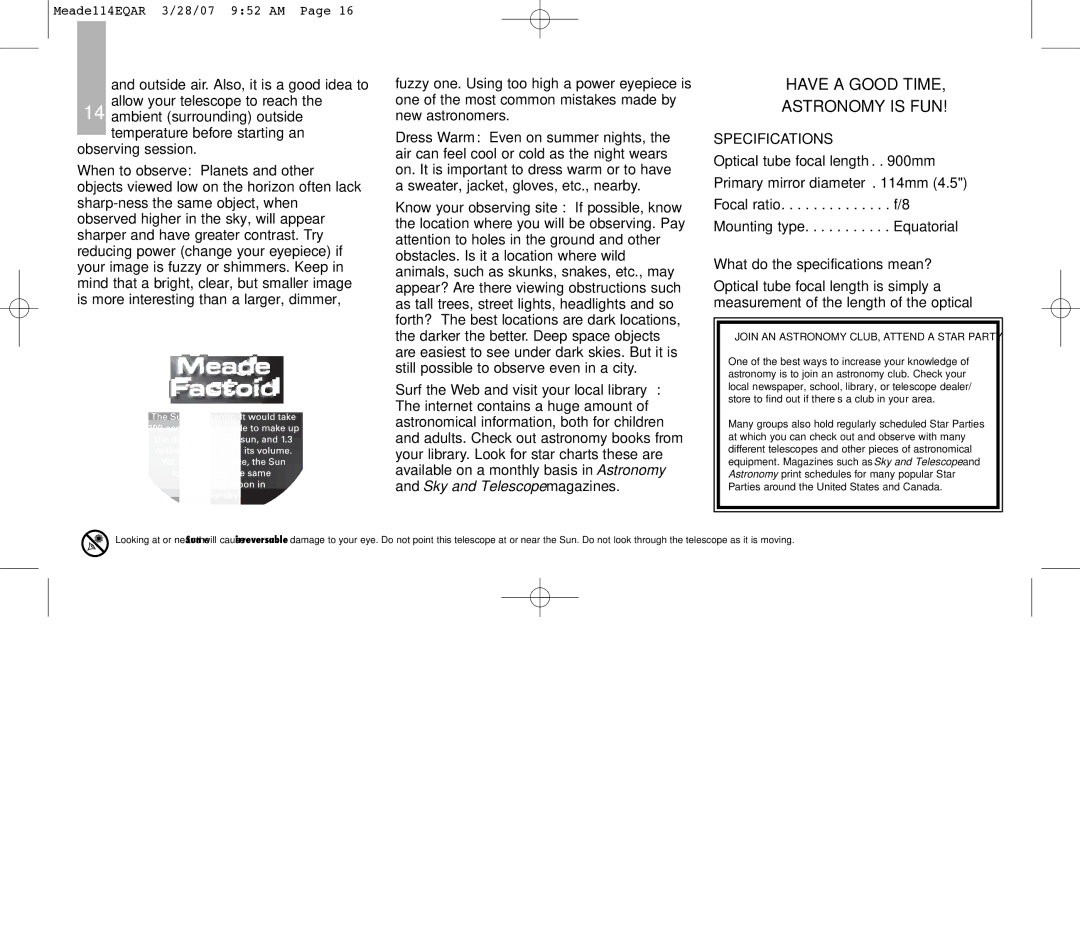 Meade 114EQ-AR instruction manual Specifications, Join AN Astronomy CLUB, Attend a Star Party 