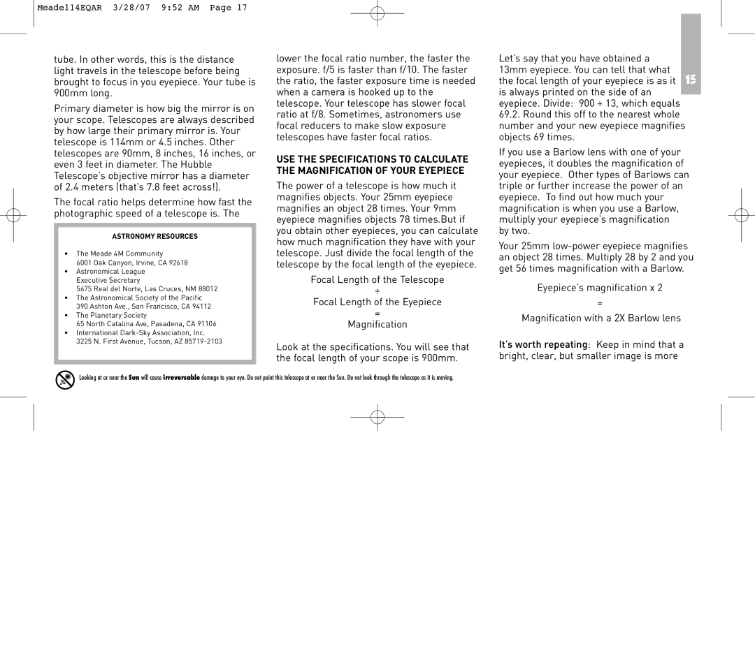 Meade 114EQ-AR instruction manual Astronomy Resources 