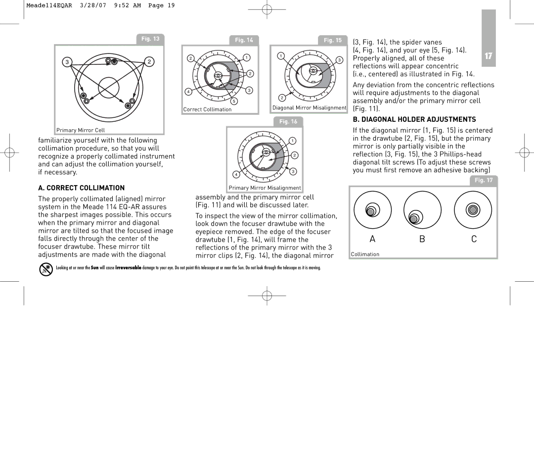 Meade 114EQ-AR instruction manual Diagonal Holder Adjustments, Correct Collimation 