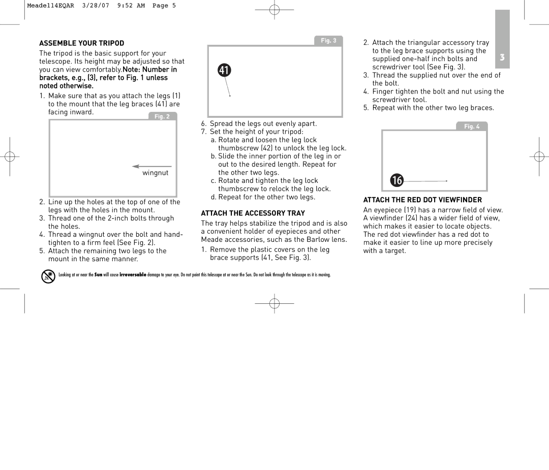 Meade 114EQ-AR instruction manual Attach the Accessory Tray, Attach the RED DOT Viewfinder 