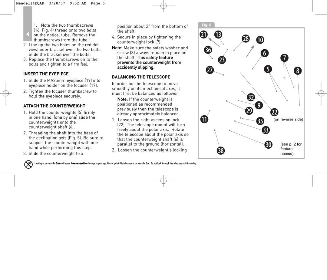Meade 114EQ-AR instruction manual Insert the Eyepiece, Attach the Counterweight, Balancing the Telescope 