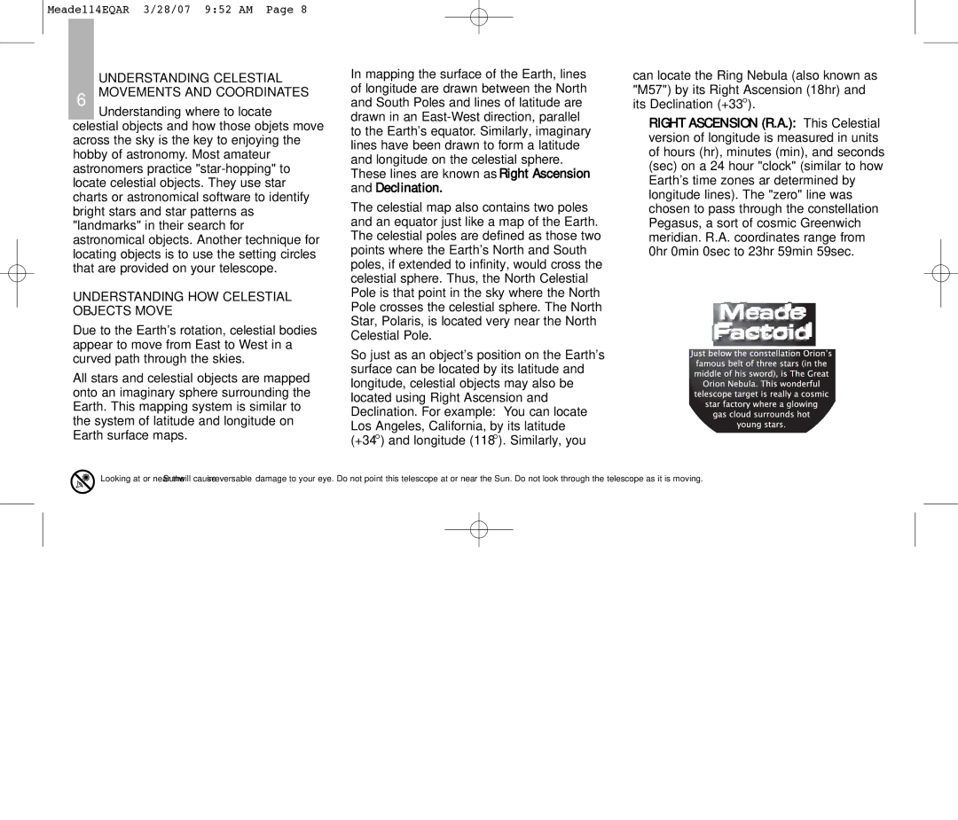 Meade 114EQ-AR Understanding Celestial Movements and Coordinates, Understanding HOW Celestial Objects Move 