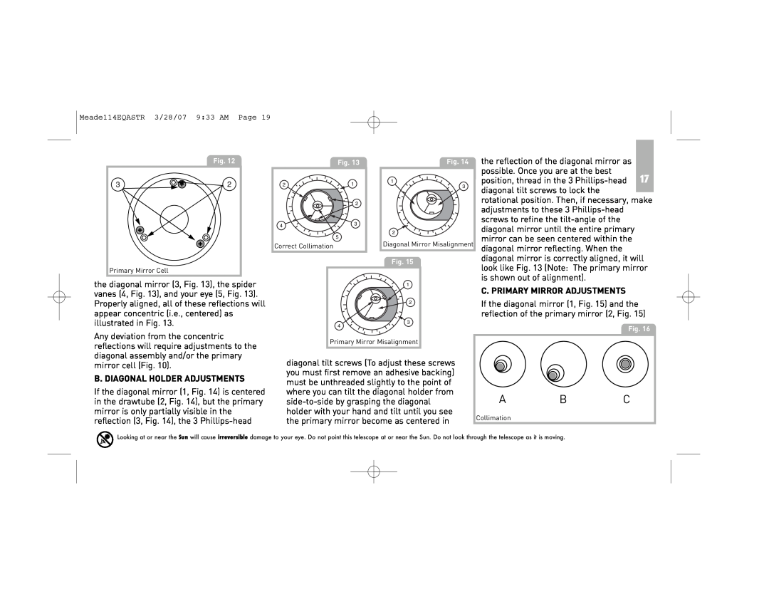 Meade 114EQ-ASTR instruction manual B. Diagonal Holder Adjustments, C. Primary Mirror Adjustments, A B C 