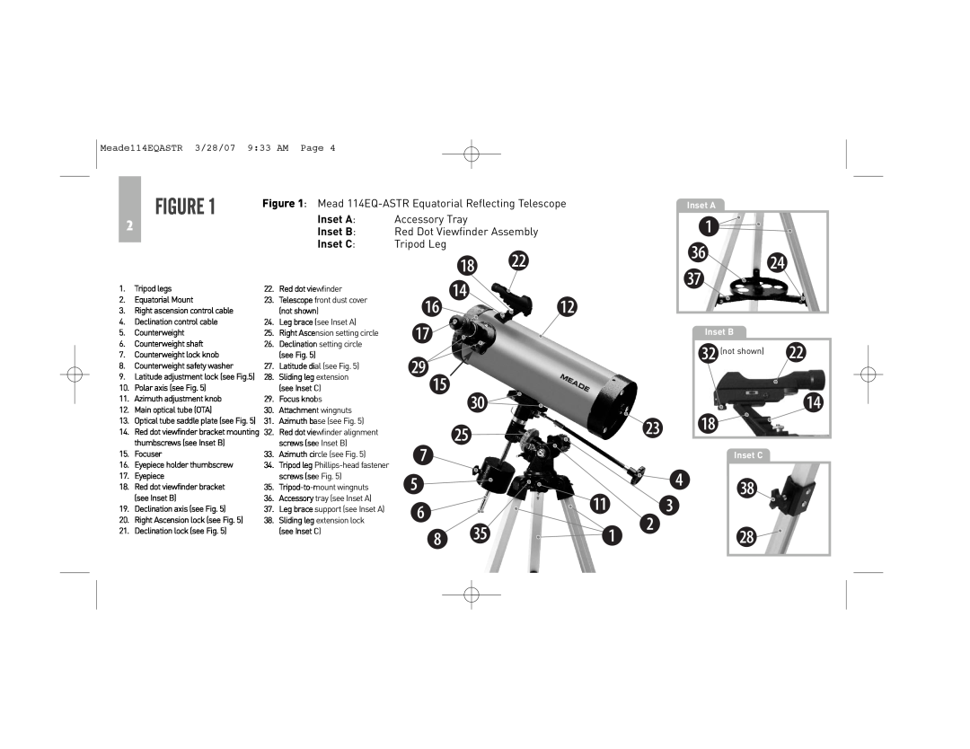 Meade 114EQ-ASTR instruction manual Inset C, Meade114EQASTR 3/28/07 933 AM Page, Inset A Inset B 