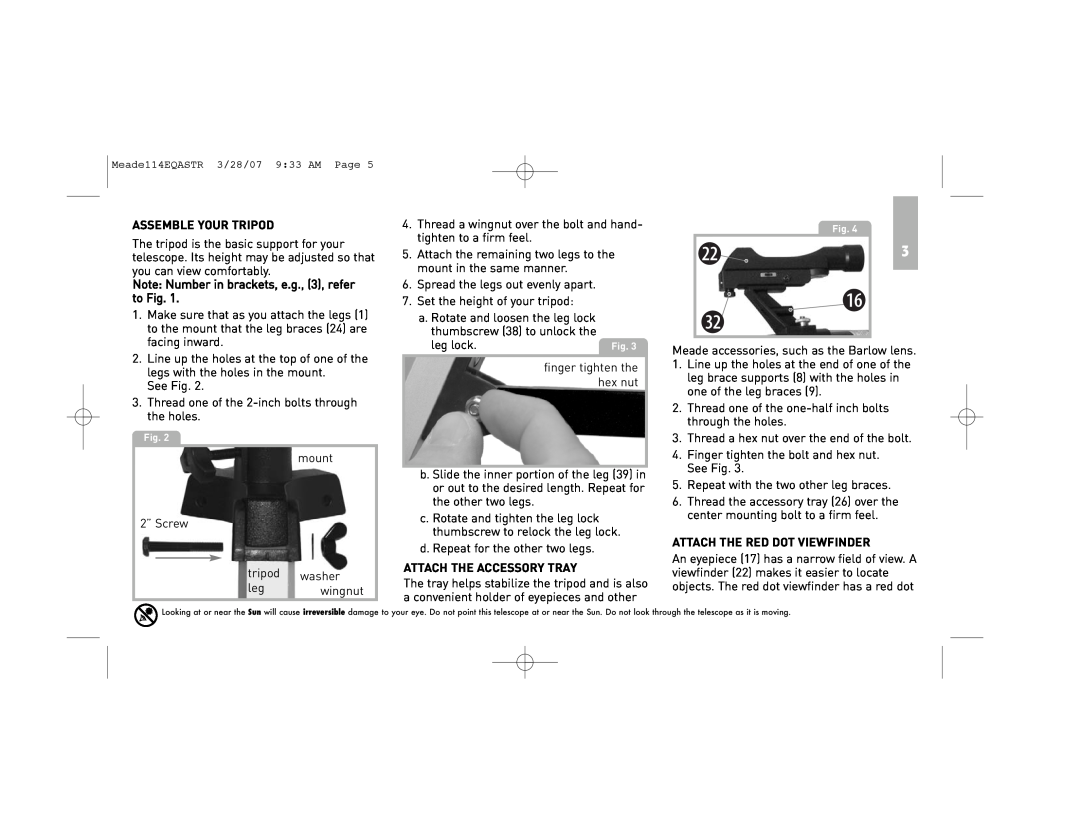 Meade 114EQ-ASTR instruction manual Assemble Your Tripod, Attach The Accessory Tray, Attach The Red Dot Viewfinder 
