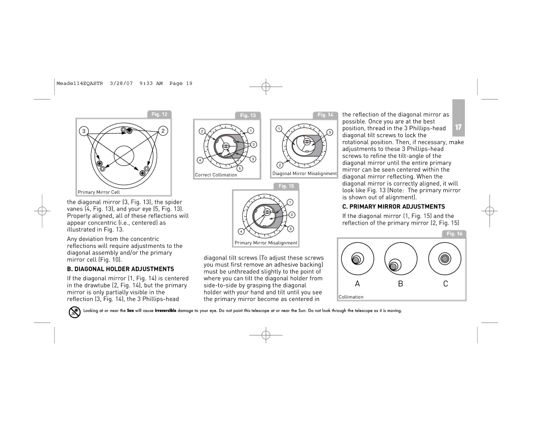 Meade 114EQ-ASTR instruction manual Diagonal Holder Adjustments, Primary Mirror Adjustments 