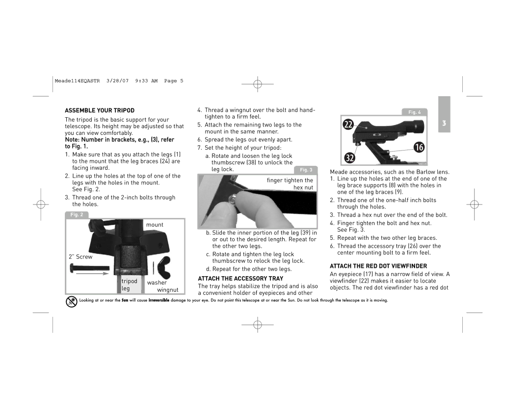 Meade 114EQ-ASTR instruction manual Assemble Your Tripod, Attach the Accessory Tray, Attach the RED DOT Viewfinder 