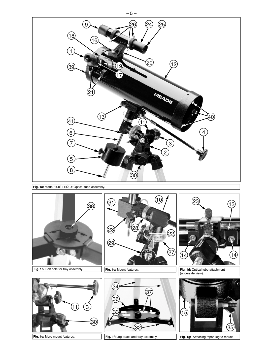 Meade 5, a: Model 114ST EQ-D:Optical tube assembly, b: Bolt hole for tray assembly, c: Mount features, underside view 