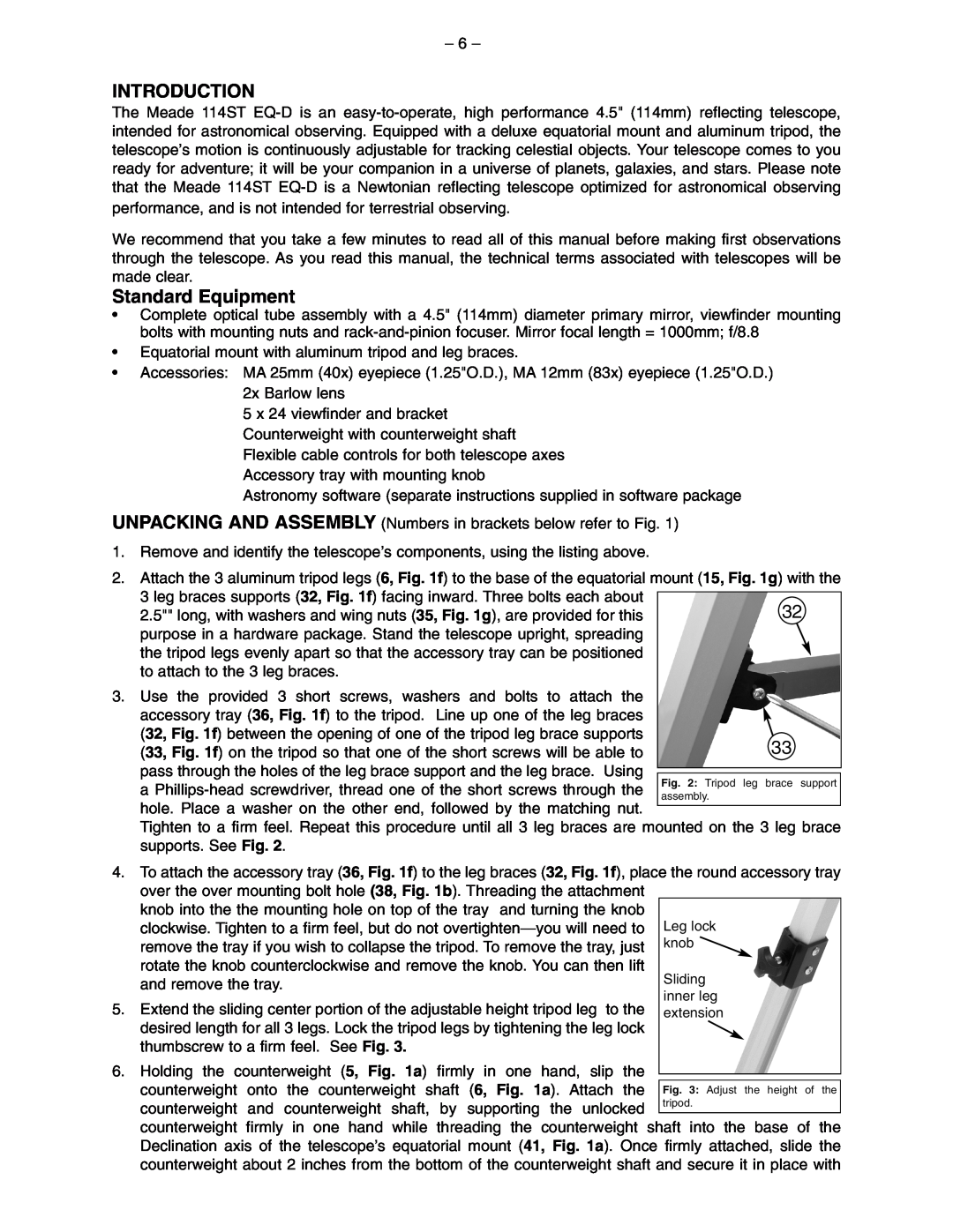 Meade 114ST EQ-D instruction manual Introduction, Standard Equipment 