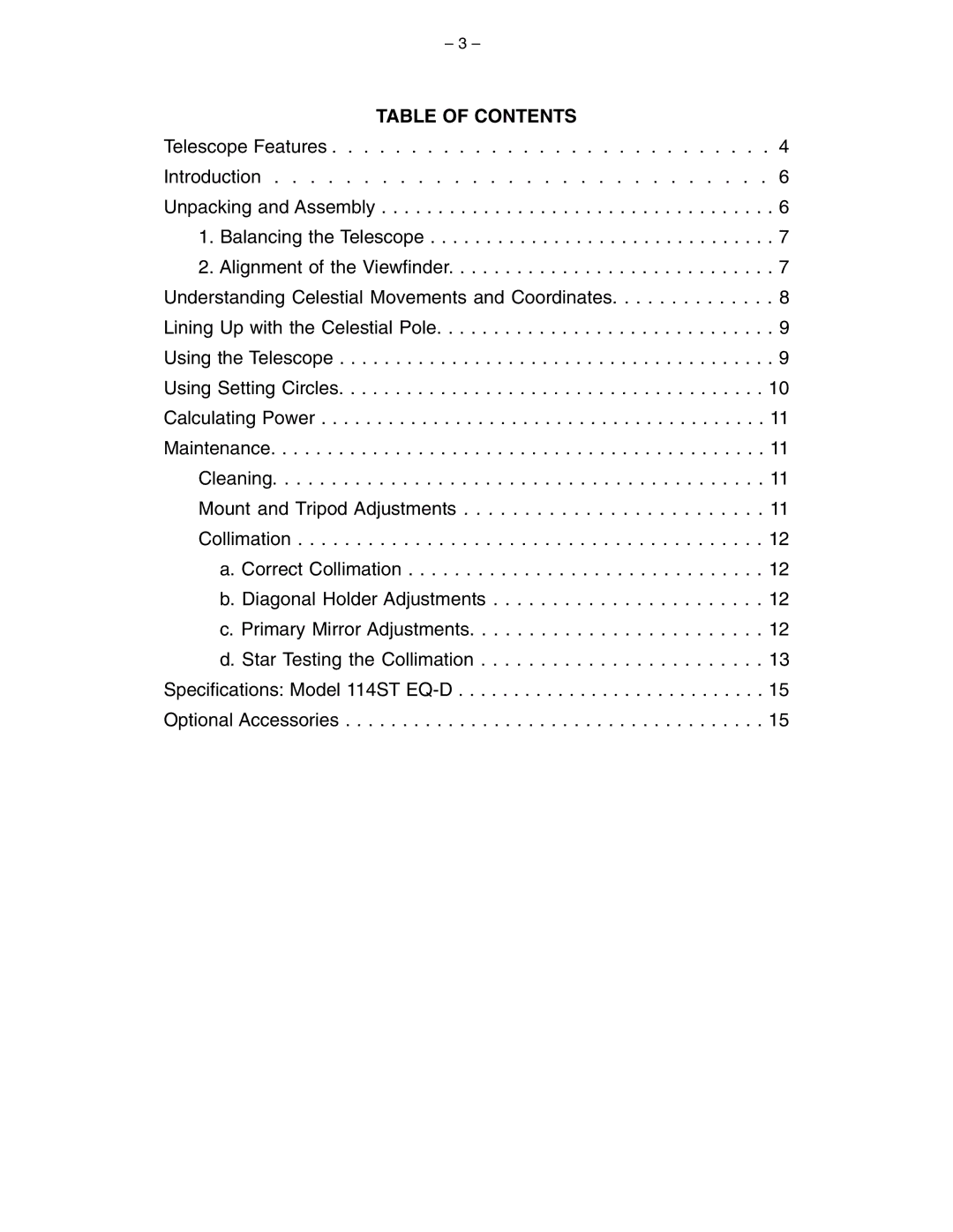 Meade 114ST EQ-D instruction manual Table of Contents 