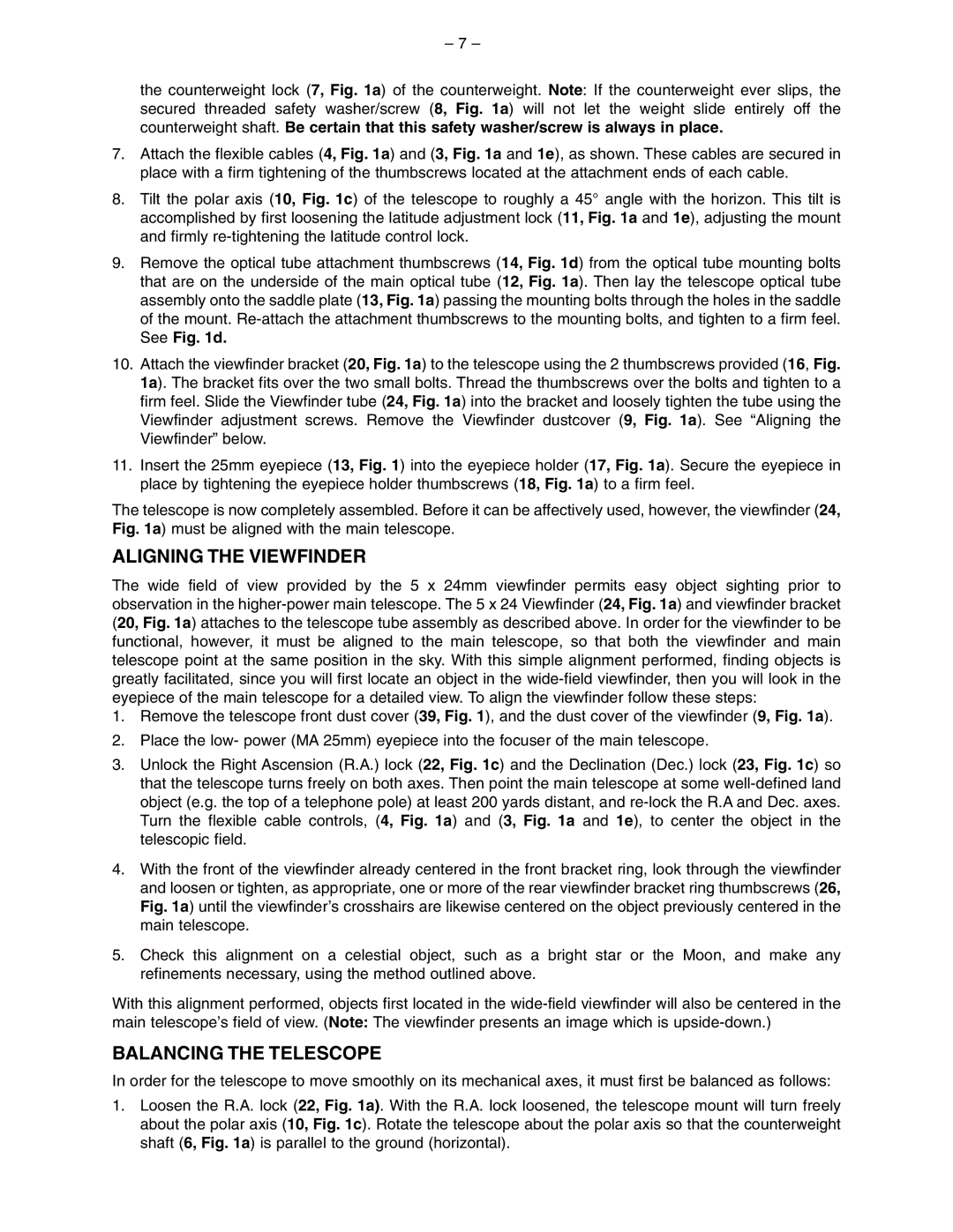 Meade 114ST EQ-D instruction manual Aligning the Viewfinder, Balancing the Telescope 