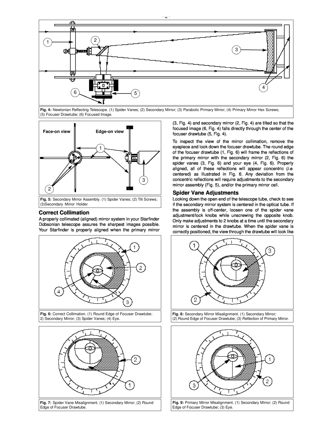 Meade 12.5 instruction manual Correct Collimation, Spider Vane Adjustments, Face-onview 