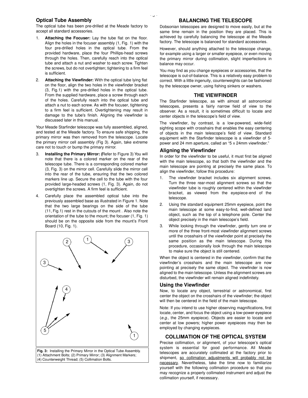 Meade 12.5 instruction manual Balancing the Telescope, Viewfinder, Collimation of the Optical System 