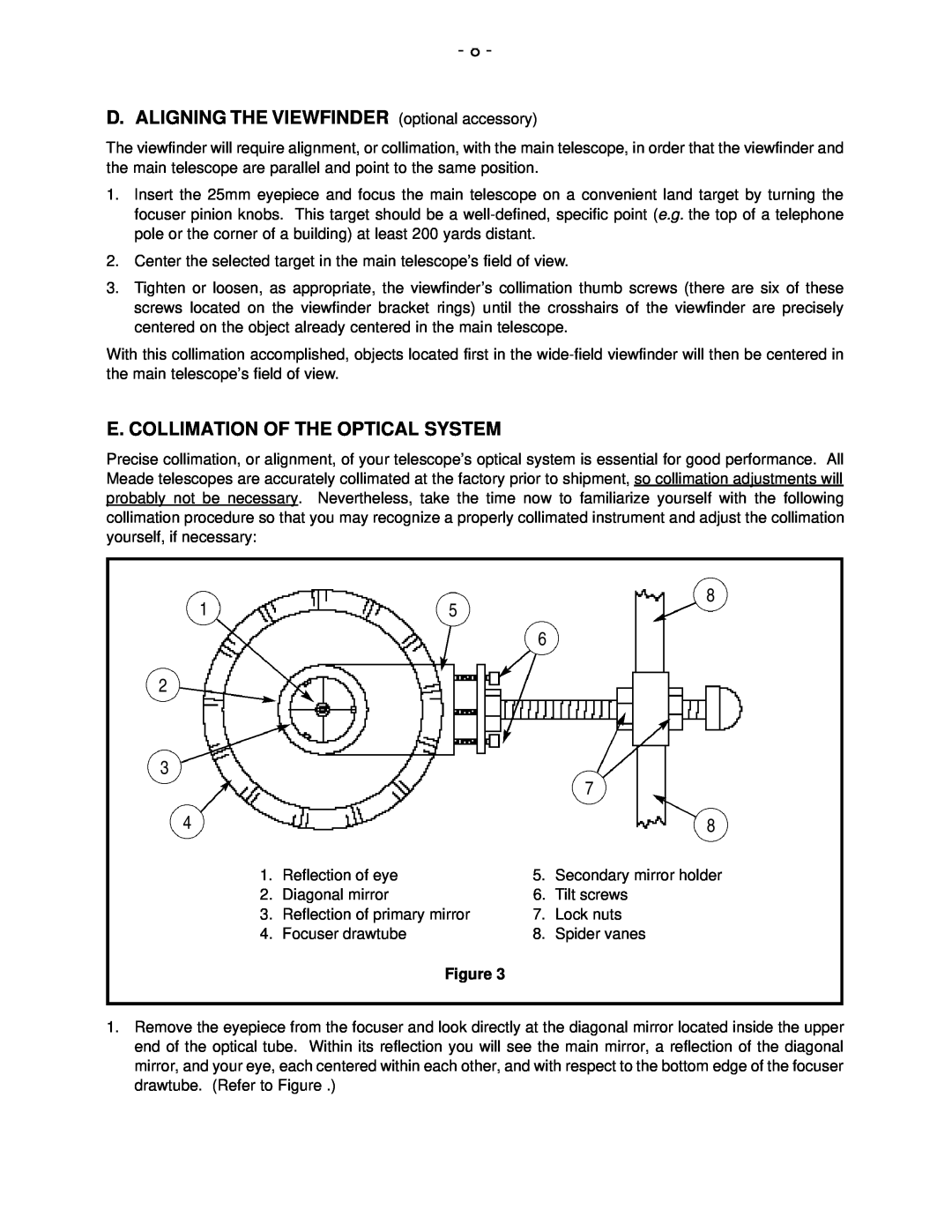 Meade 16 instruction manual 8 15 6 2, D. ALIGNING THE VIEWFINDER optional accessory, E. Collimation Of The Optical System 