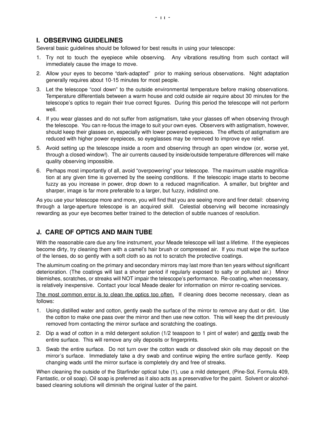 Meade 16 instruction manual Observing Guidelines, Care of Optics and Main Tube 