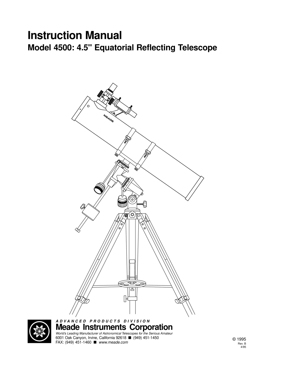 Meade instruction manual Model 4500 4.5 Equatorial Reflecting Telescope 