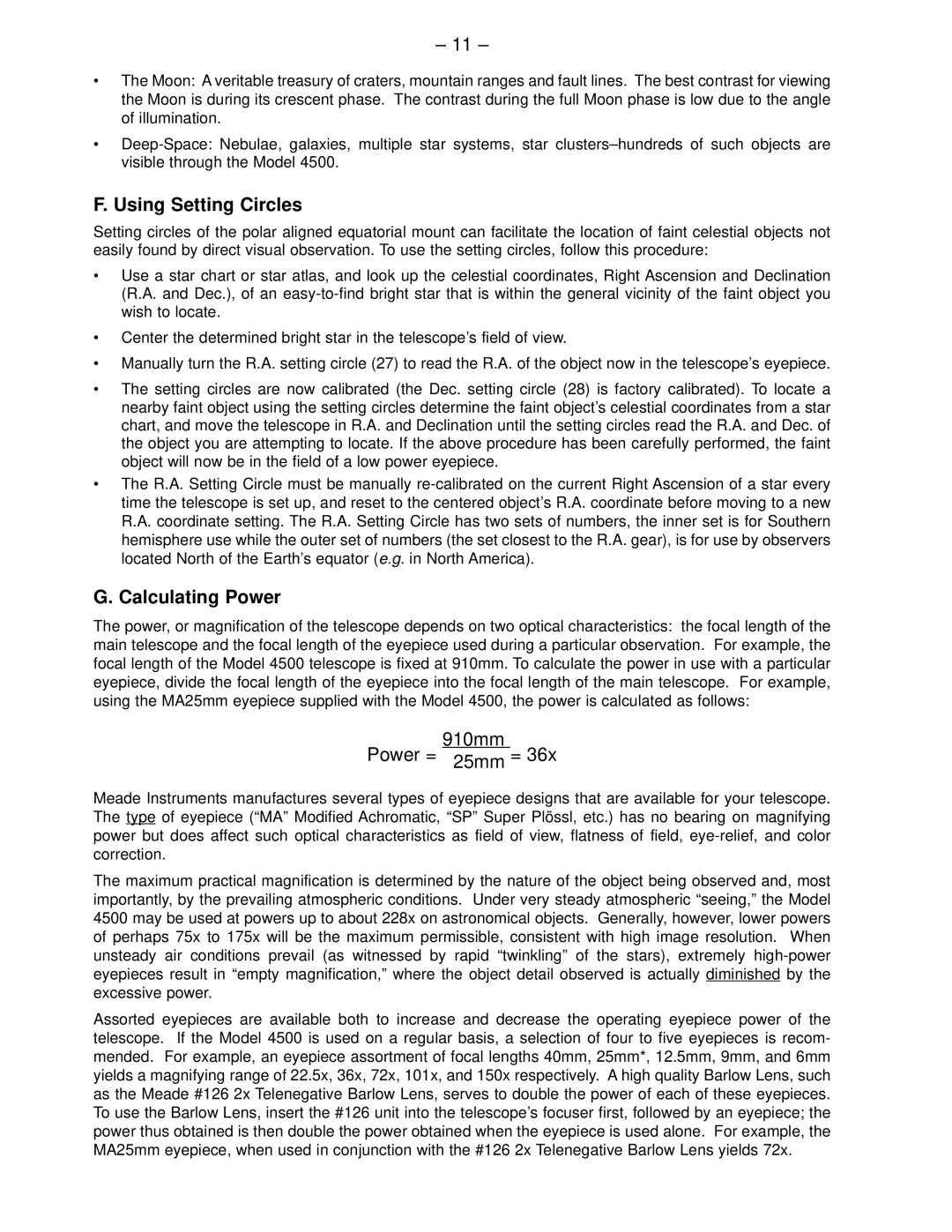 Meade 4500 instruction manual Using Setting Circles, Calculating Power 