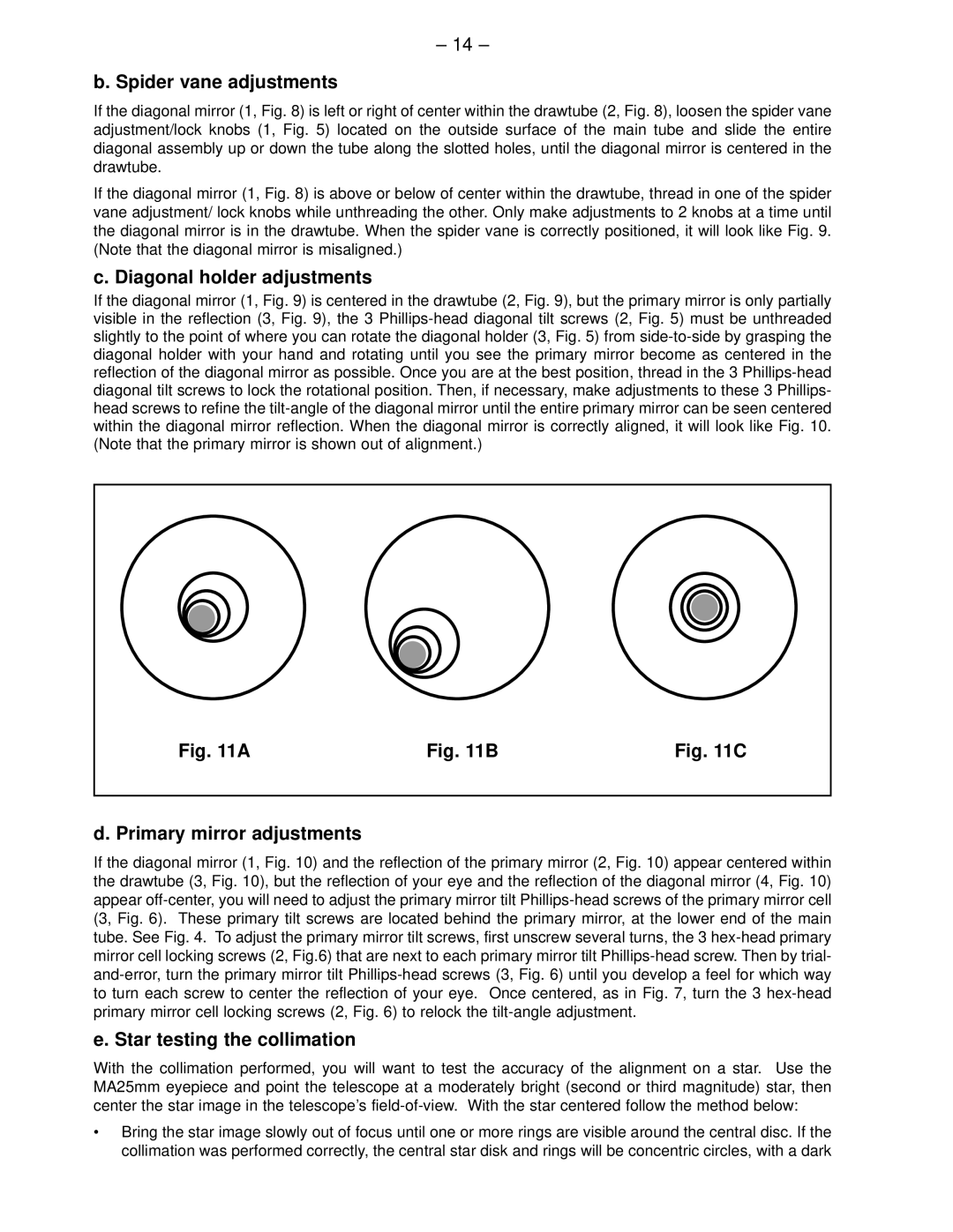 Meade 4500 Spider vane adjustments, Diagonal holder adjustments, Primary mirror adjustments, Star testing the collimation 
