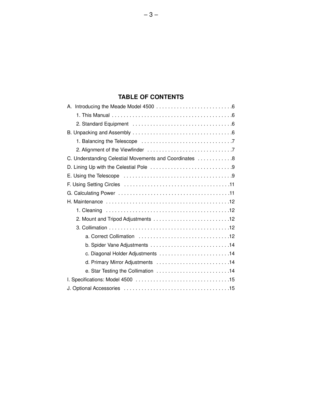 Meade 4500 instruction manual Table of Contents 