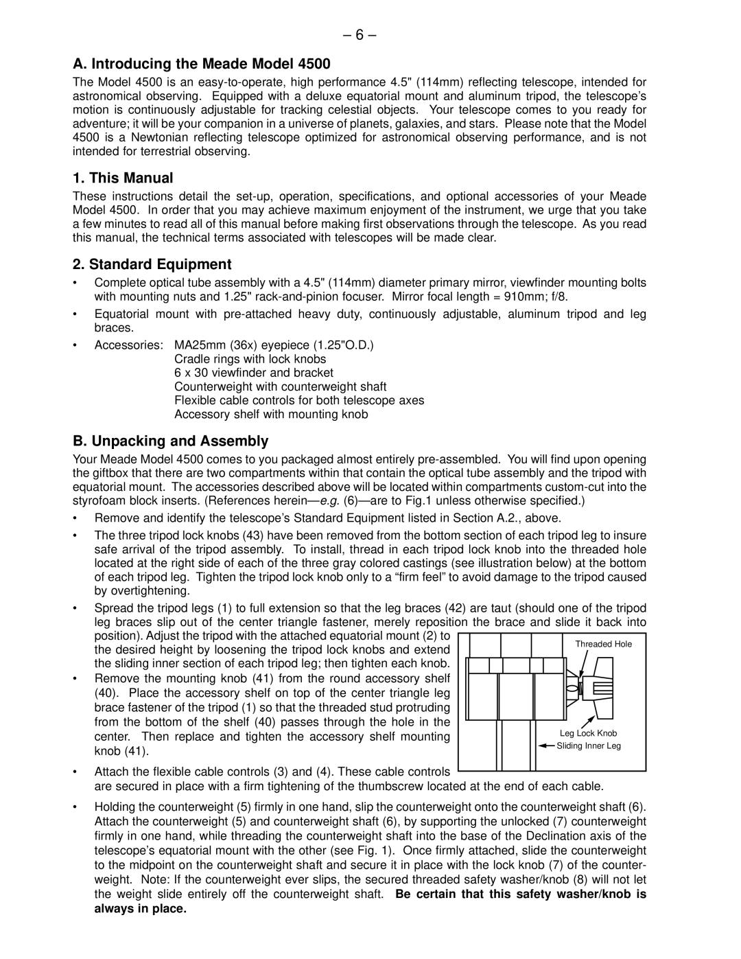 Meade 4500 instruction manual Introducing the Meade Model, This Manual, Standard Equipment, Unpacking and Assembly 