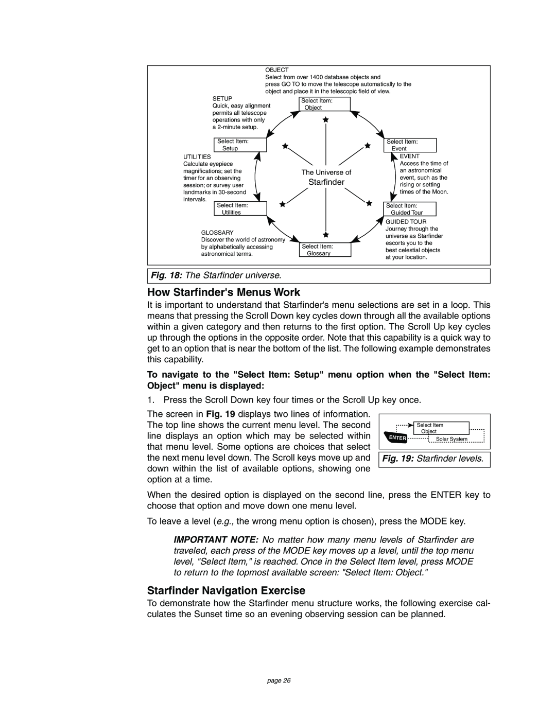 Meade 4504 instruction manual How Starfinders Menus Work, Starfinder Navigation Exercise 
