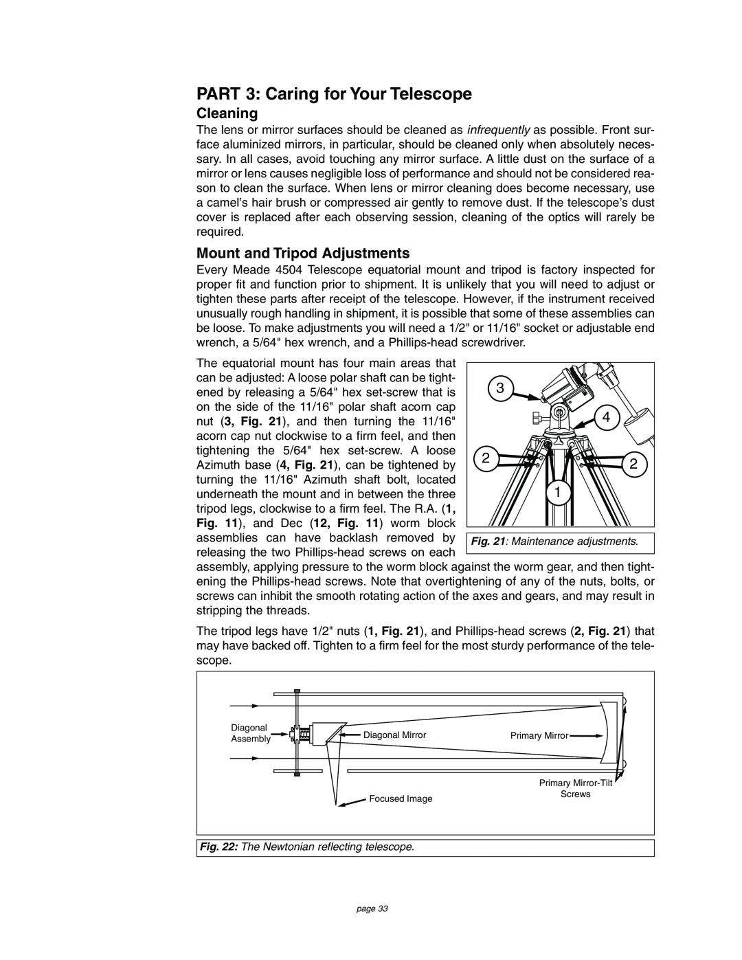 Meade 4504 instruction manual PART 3 Caring for Your Telescope, Cleaning, Mount and Tripod Adjustments 