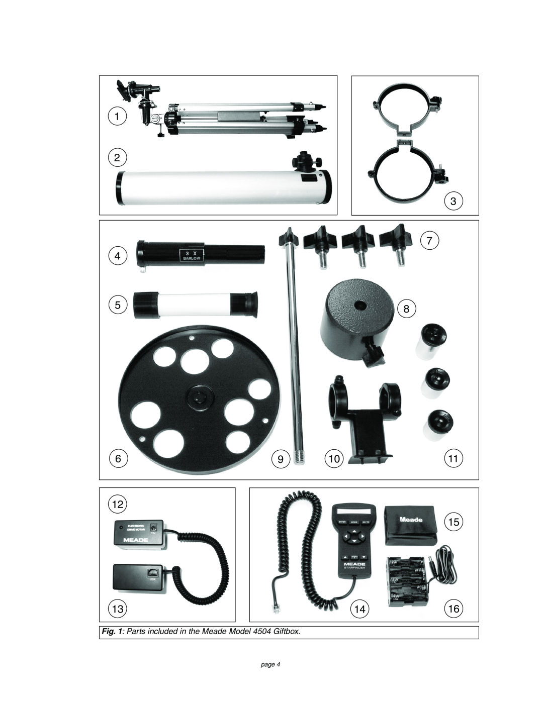 Meade instruction manual 1416, Parts included in the Meade Model 4504 Giftbox, page 