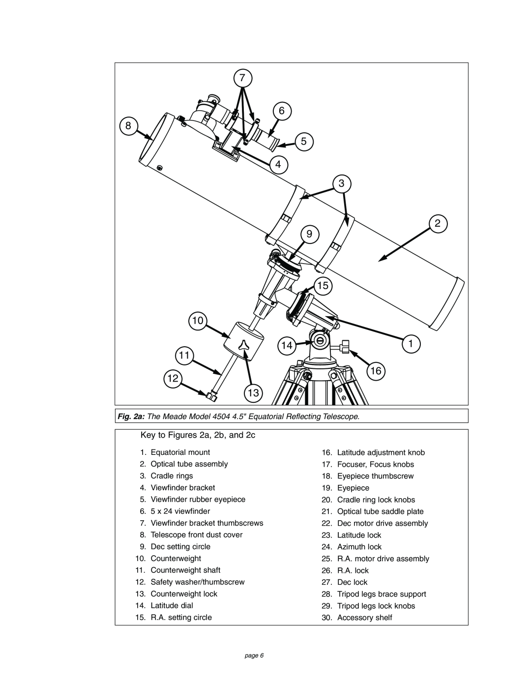 Meade instruction manual Key to Figures 2a, 2b, and 2c, a The Meade Model 4504 4.5 Equatorial Reflecting Telescope 