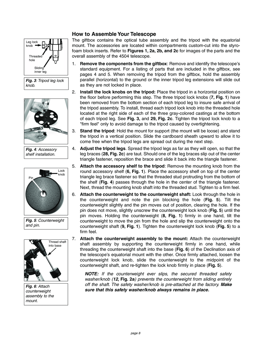 Meade 4504 instruction manual How to Assemble Your Telescope, sure that this safety washer/knob always remains in place 