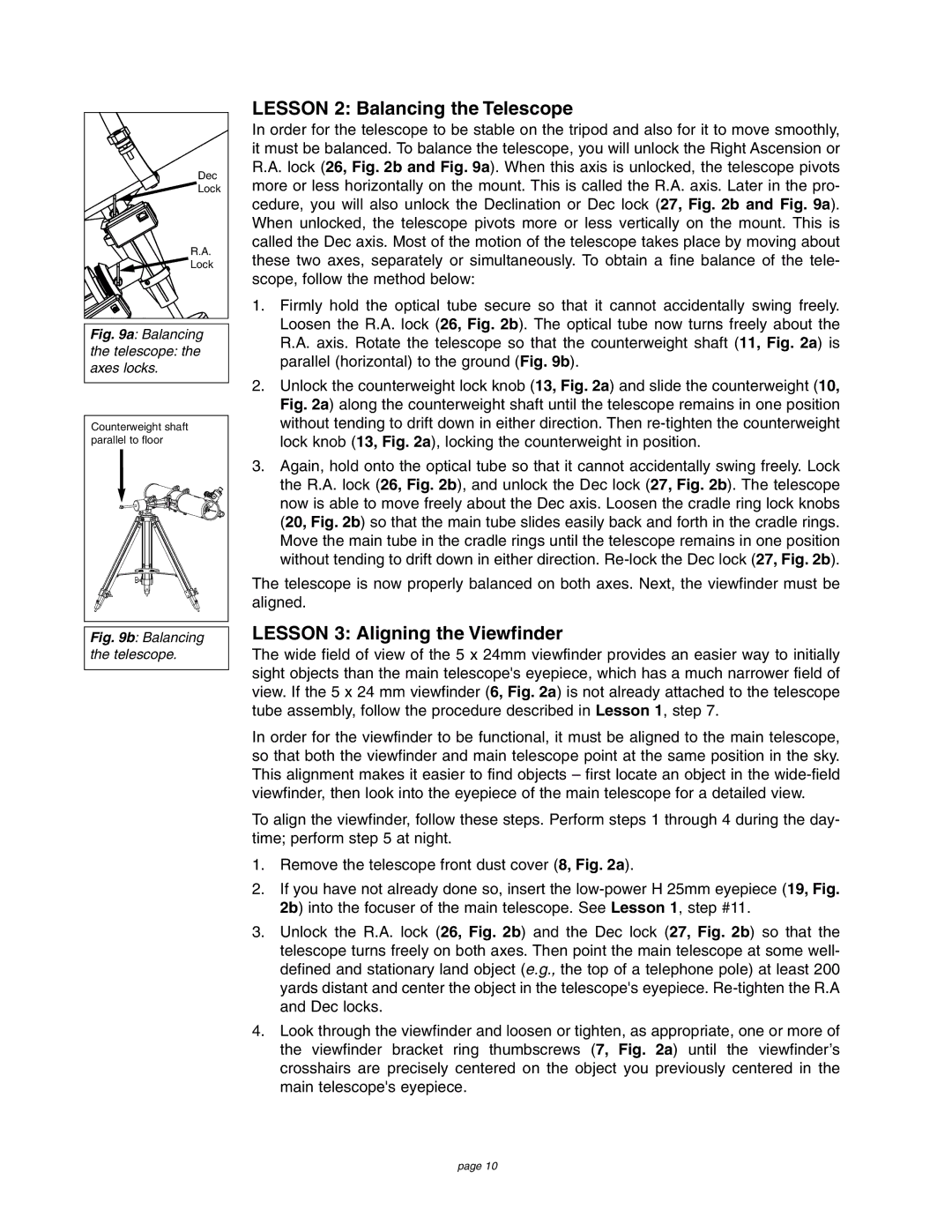 Meade 4504 instruction manual Lesson 2 Balancing the Telescope, Lesson 3 Aligning the Viewfinder 