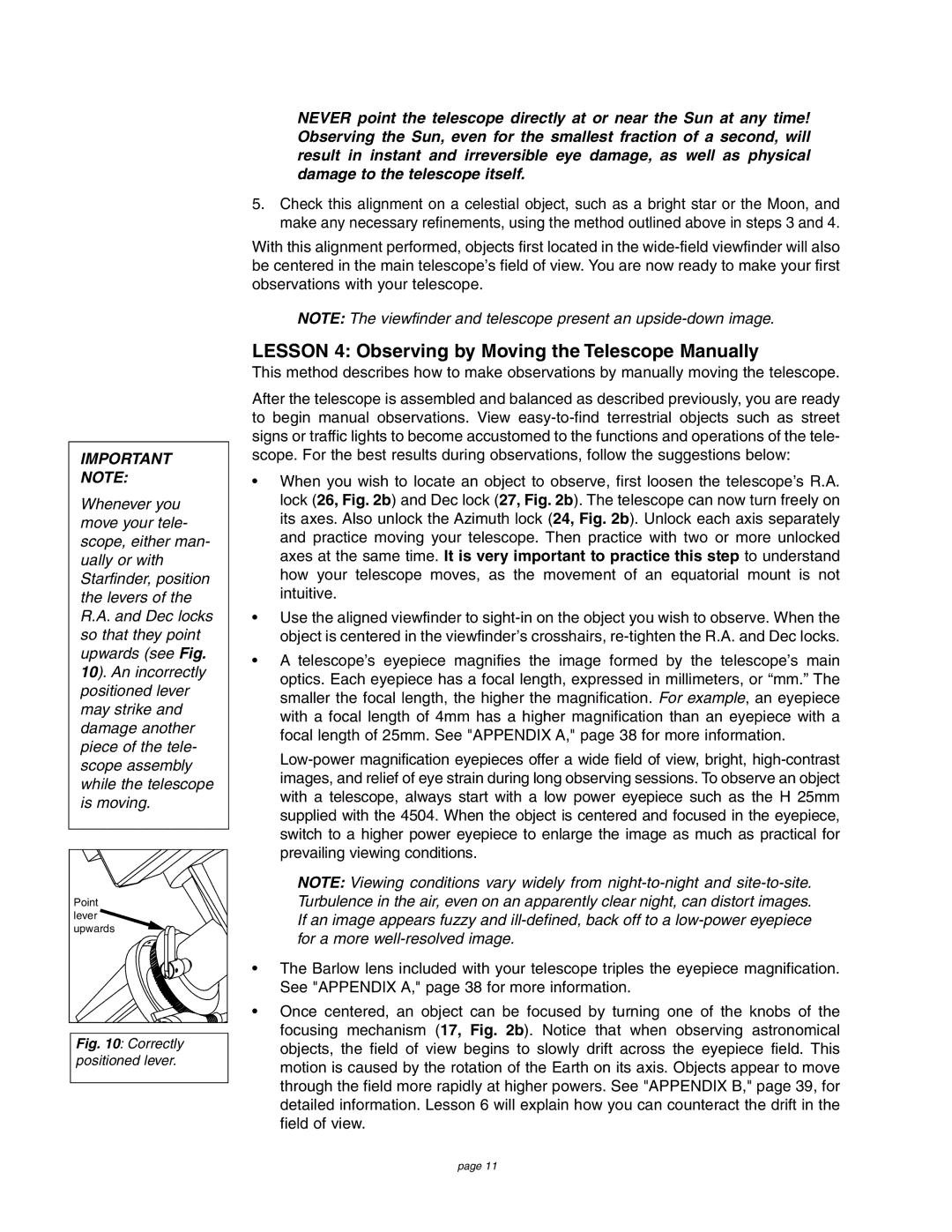 Meade 4504 instruction manual Lesson 4 Observing by Moving the Telescope Manually, Correctly positioned lever 