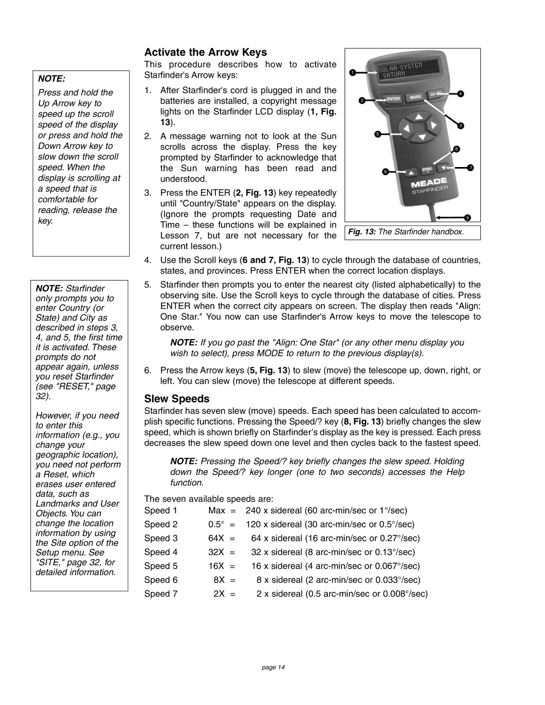 Meade 4504 instruction manual Activate the Arrow Keys, Slew Speeds 