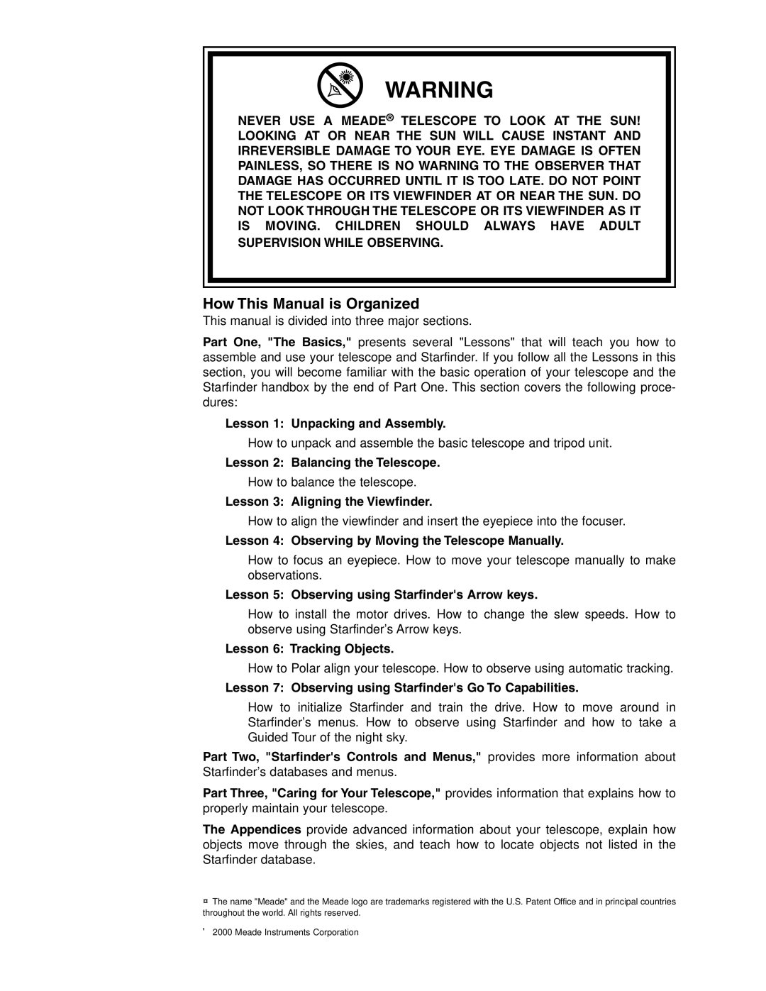 Meade 4504 instruction manual How This Manual is Organized 