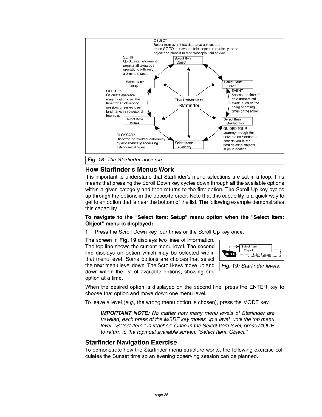 Meade 4504 instruction manual How Starfinders Menus Work, Starfinder Navigation Exercise 