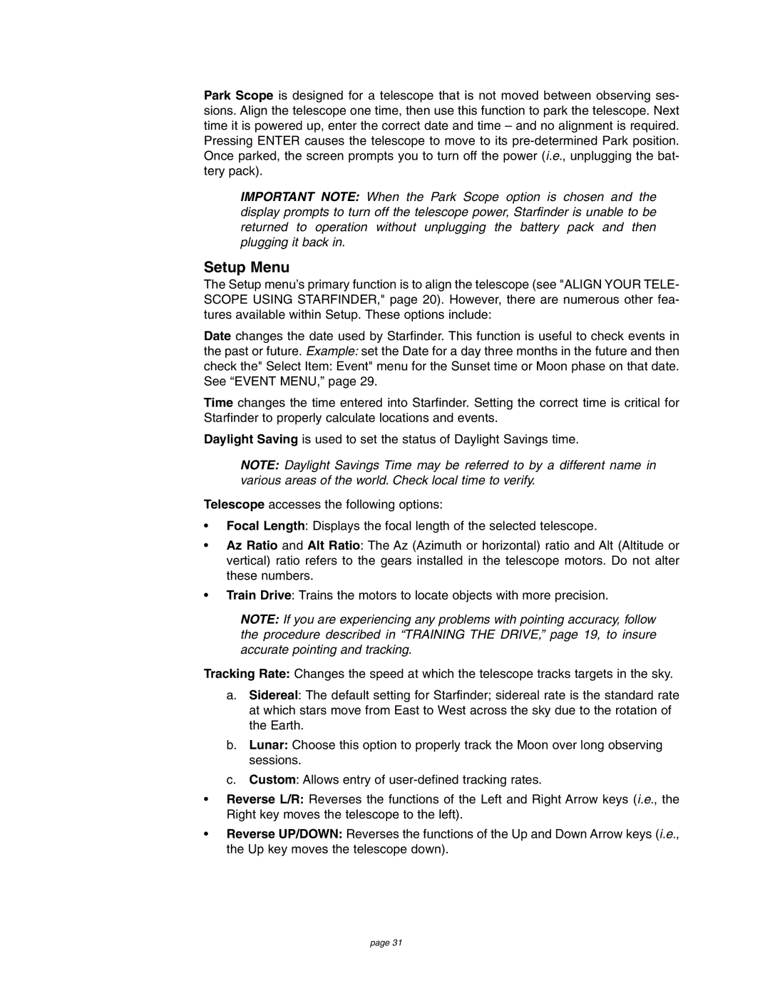 Meade 4504 instruction manual Setup Menu 