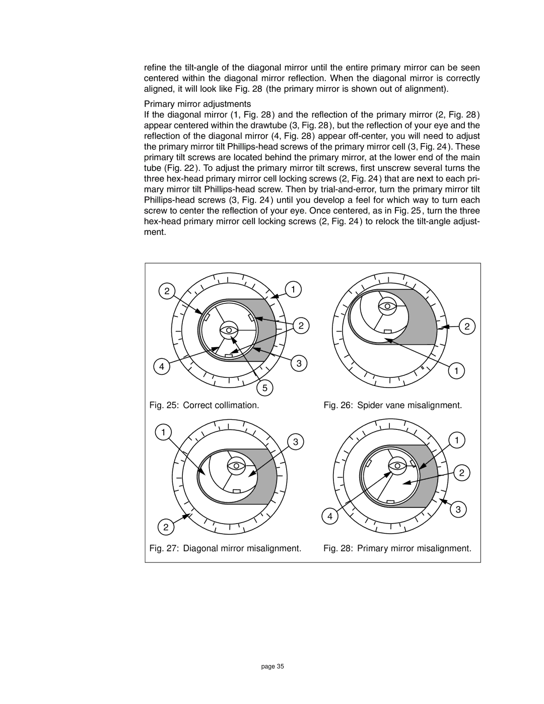 Meade 4504 instruction manual Primary mirror adjustments, Correct collimation 