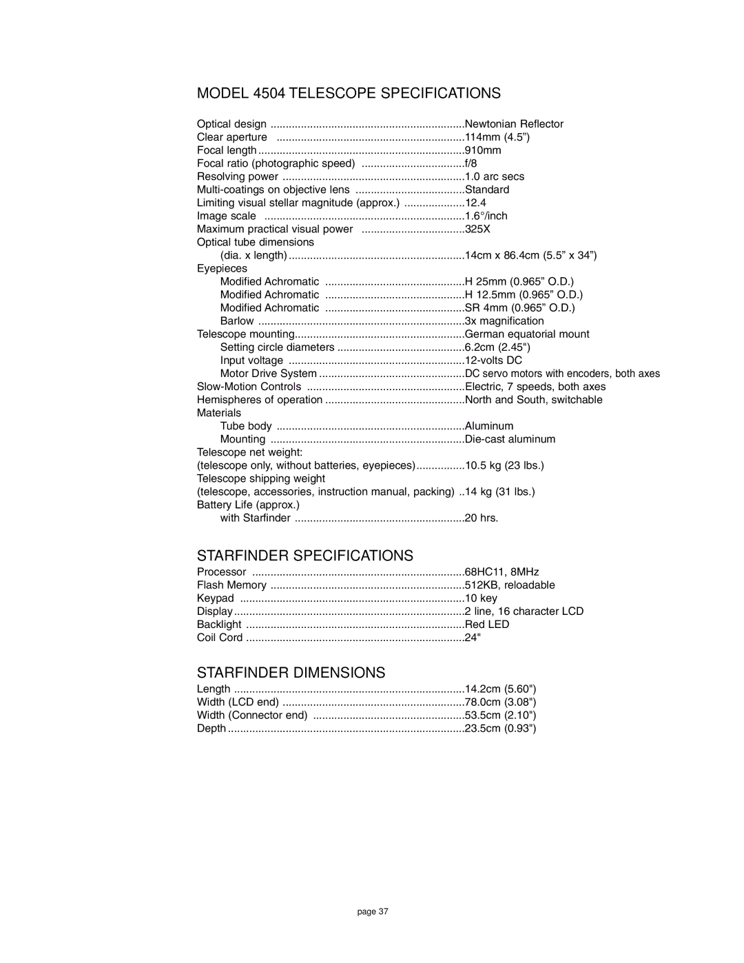 Meade 4504 instruction manual Starfinder Dimensions 